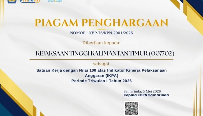 Keren, Kejati Kaltim Raih Nilai Sempurna 100 dalam IKPA Triwulan I Tahun 2026